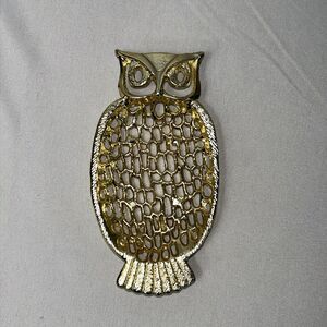 Vintage MCM Gold Tone Metal Owl Soap Dish Trinket Jewelry Holder Delagar USA